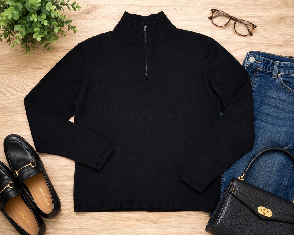 St. John Separates Black Santana Knit Mock Neck Half Zip Sweater Women's S USA